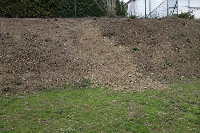 Kahle, teilweise abgerutschte Böschung mit nackter Erde und Unkraut