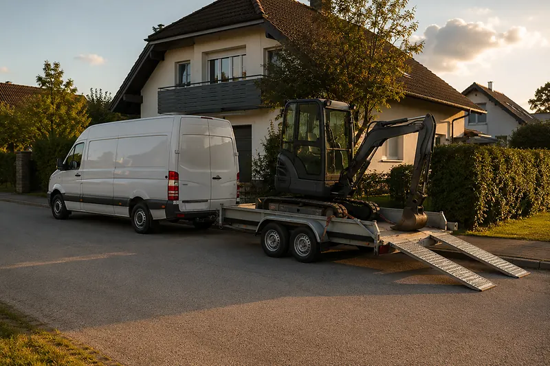 Weißer Kastenwagen mit Anhänger, darauf ein Minibagger mit heruntergeklappten Rampen
